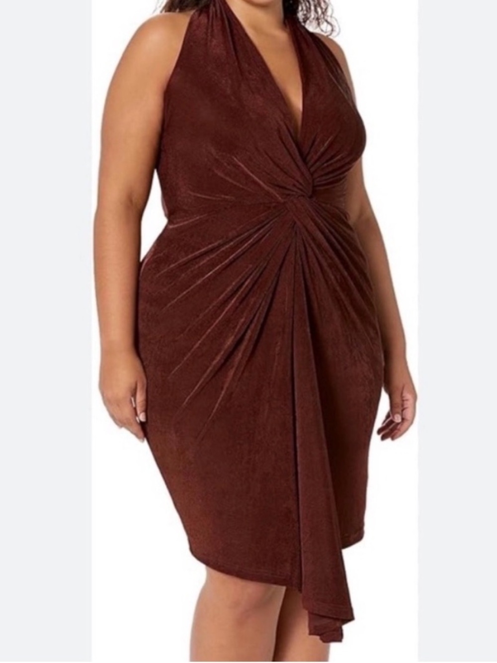 City Chic One-Shoulder Twist-Front Dress in Deep Brown